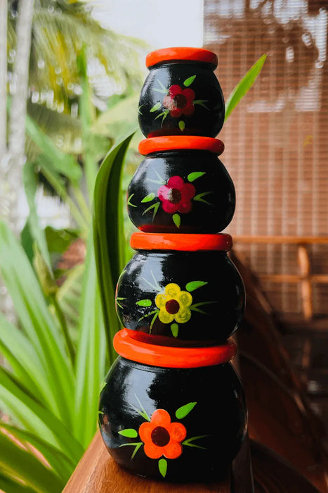 Black floral wooden tiny pot set - Dudus Online